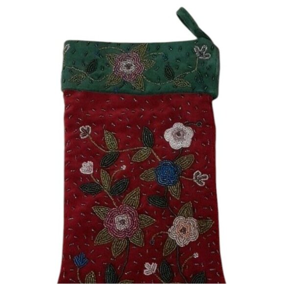Intricately Beaded Velvet Christmas Stocking Floral Pattern Burgundy Dark Green - Picture 2 of 7